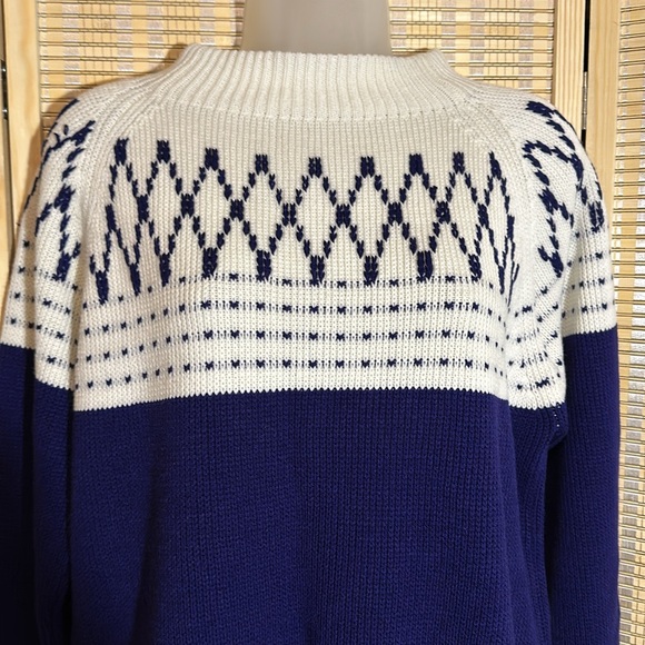 JC Penney Vintage 1970s Blue White Striped Mock Turtleneck Knit Sweater Medium - Picture 6 of 16